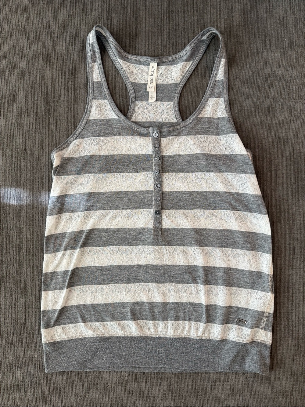 Aeropostale Gray and White Striped Lace-Trim Henley Racerback Tank